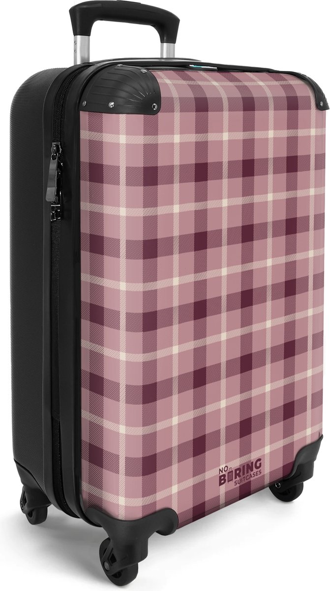 NoBoringSuitcases.com® - Handbagage koffer lichtgewicht - Reiskoffer trolley - Paars met beige ruitpatroon - Reis rolkoffer met wieltjes - Cabin koffertje klein - Carryon valies - Harde bagagekoffer - Past binnen 55x40x20 en 55x35x25