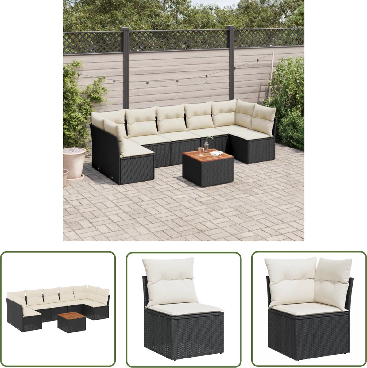 Zwart poly rattan loungeset met kussens voor buiten - The Living Store.