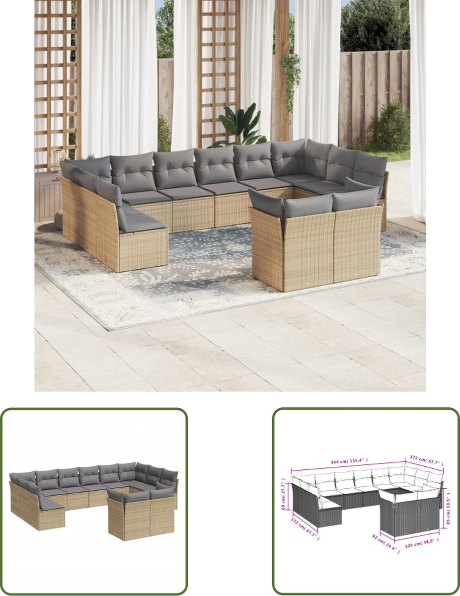 The Living Store 12-delige Loungeset met kussens poly rattan beige - Loungeset - Tuinset - Lounge - Buitendecoratie - Garden Furniture