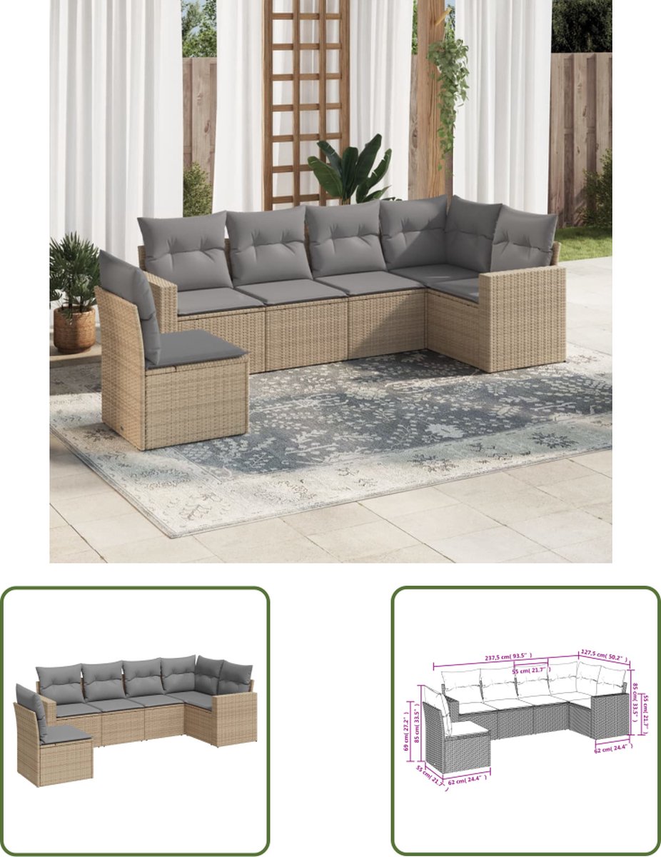 The Living Store 6-delige Loungeset met kussens poly rattan beige - Loungeset - Tuinset - Lounge Set - Buitendecoratie - Tuinmeubels