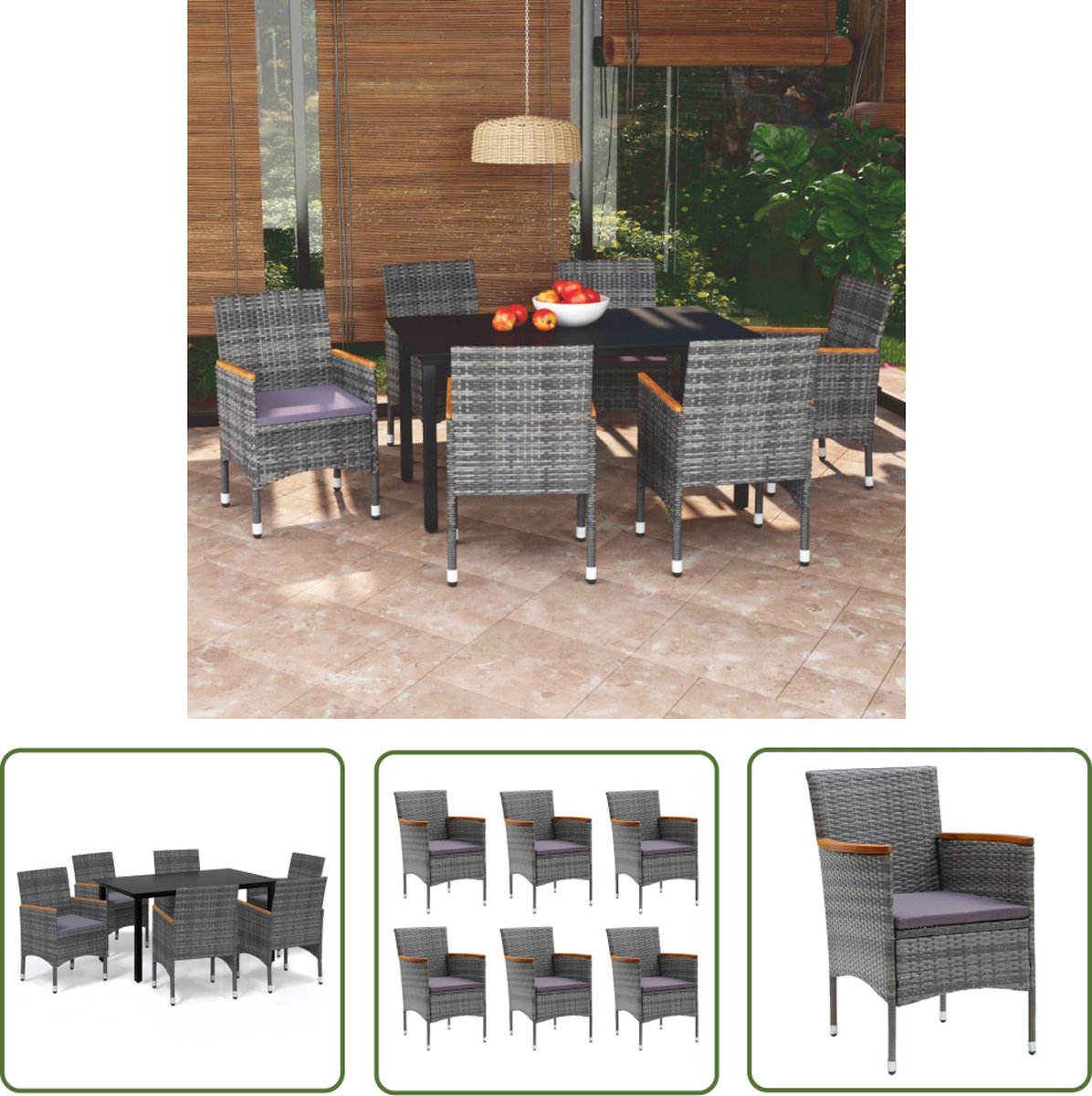 The Living Store 7-delige Tuinset met kussens poly rattan grijs - Tuinstoel - Eetkamerset - Buitentijd - Lounge Set - Veranda