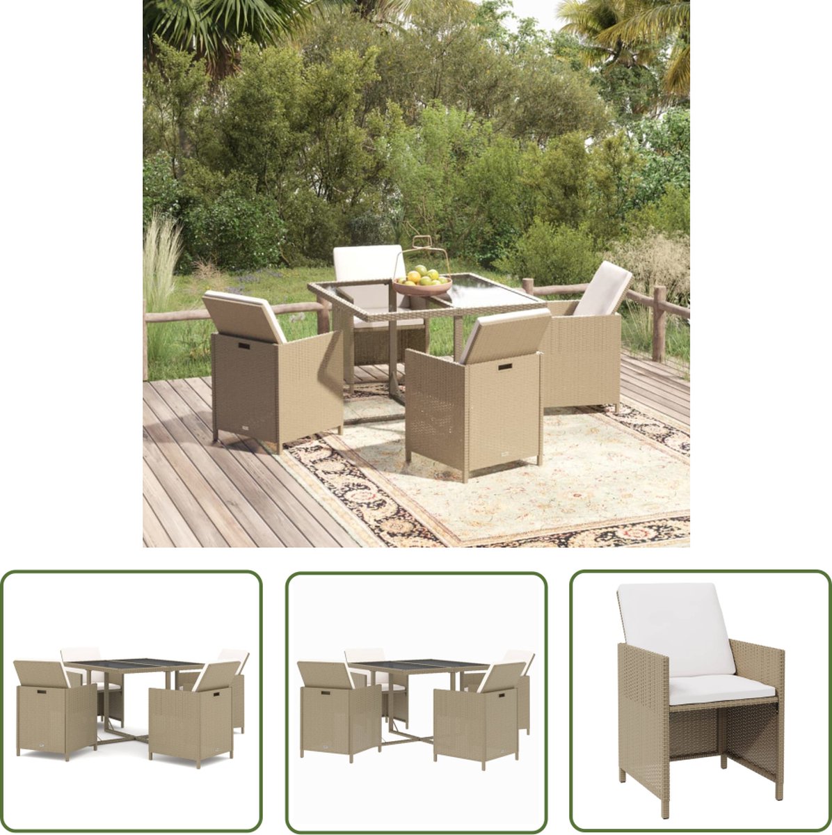 The Living Store beige poly rattan tuinset met kussens.