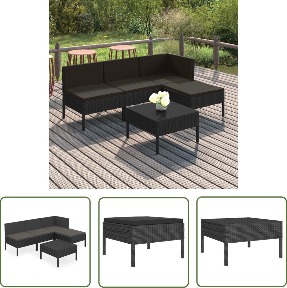 The Living Store 5-delige Loungeset met kussens poly rattan zwart - Loungebank - Tuinset - Buitendiner - Tuinmeubels - Zwarte Loungebank