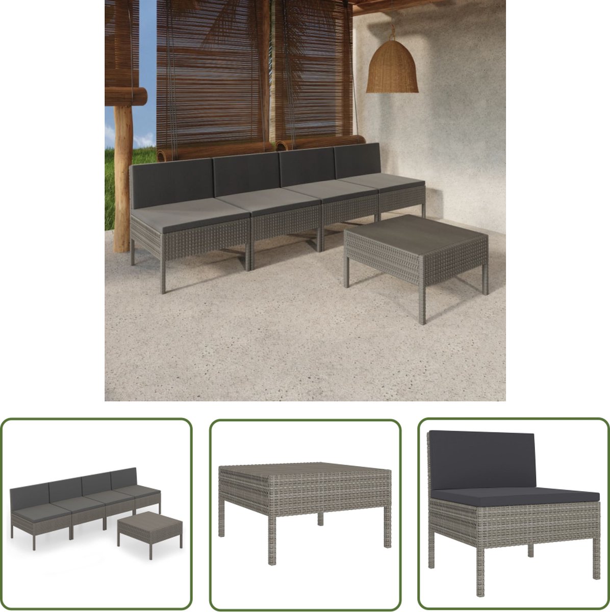 Grijze poly rattan loungeset met kussens voor tuin en buitenruimte.