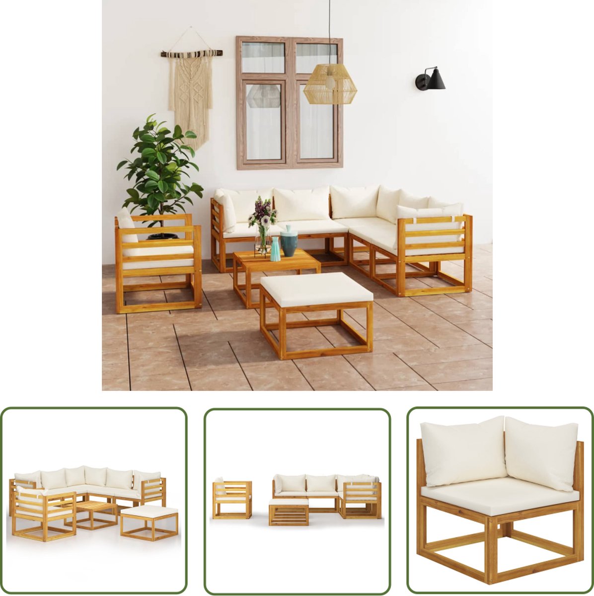 The Living Store 8-delige Loungeset met kussens massief acaciahout crème - Loungeset - Tuinset - Acacia Hout - Creme Kleur - Outdoor Meubels