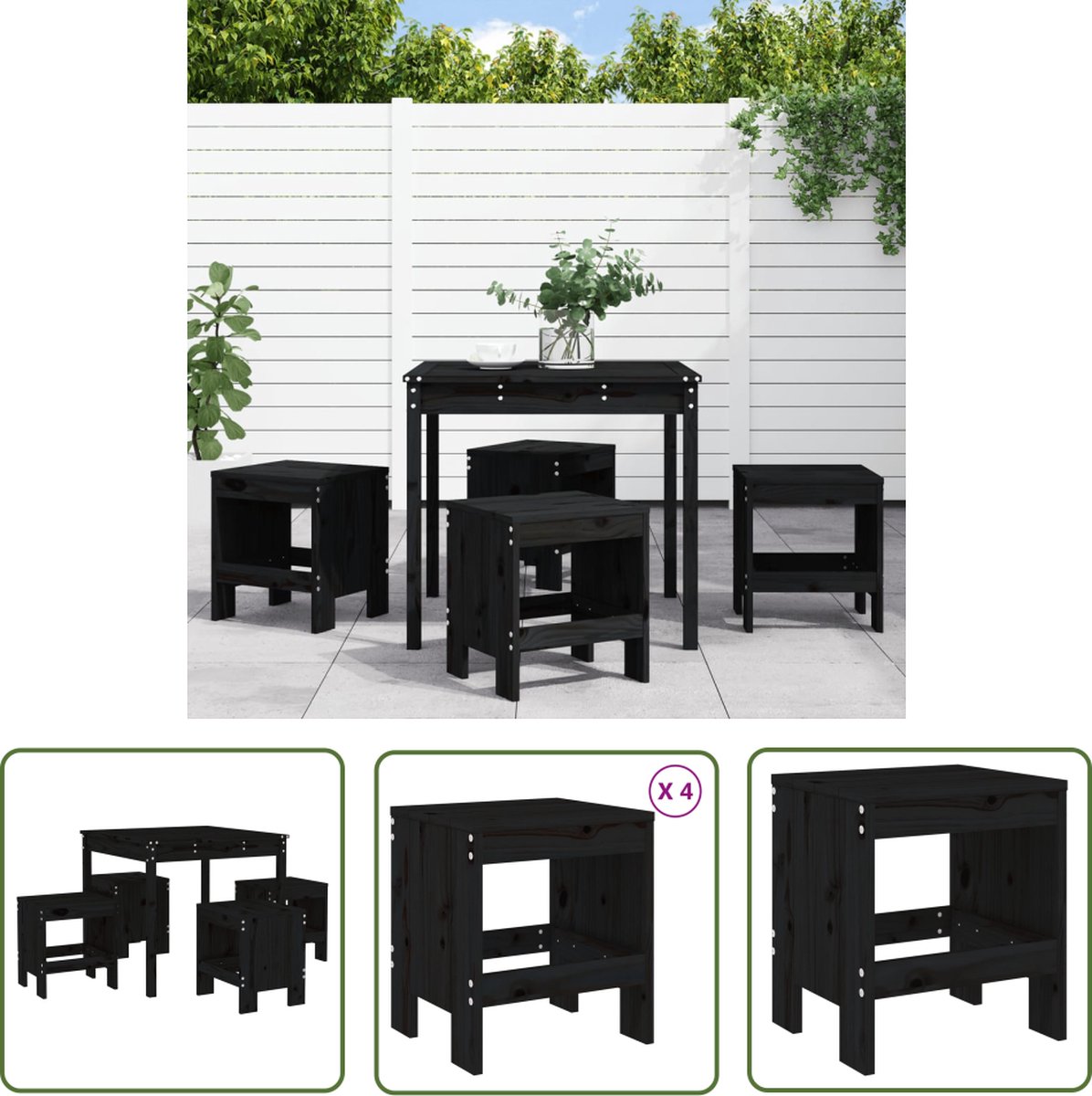 The Living Store 5-delige Tuinset massief grenenhout zwart - Houten Tuinset - Tuinetafel - Tuinkrukken - Eetkamerset - Buitendecoratie