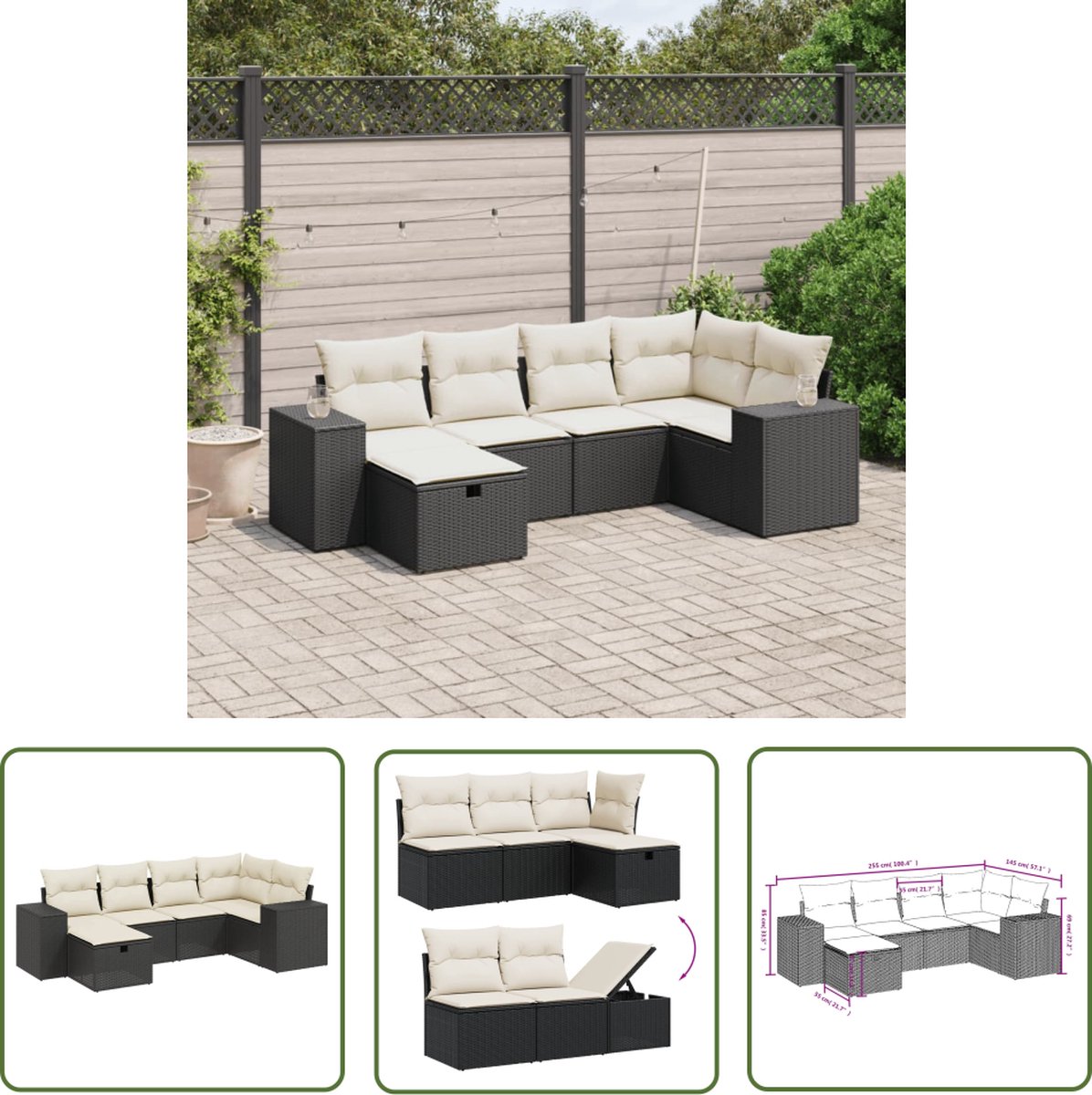 The Living Store 6-delige Loungeset met kussens poly rattan zwart - Tuinset