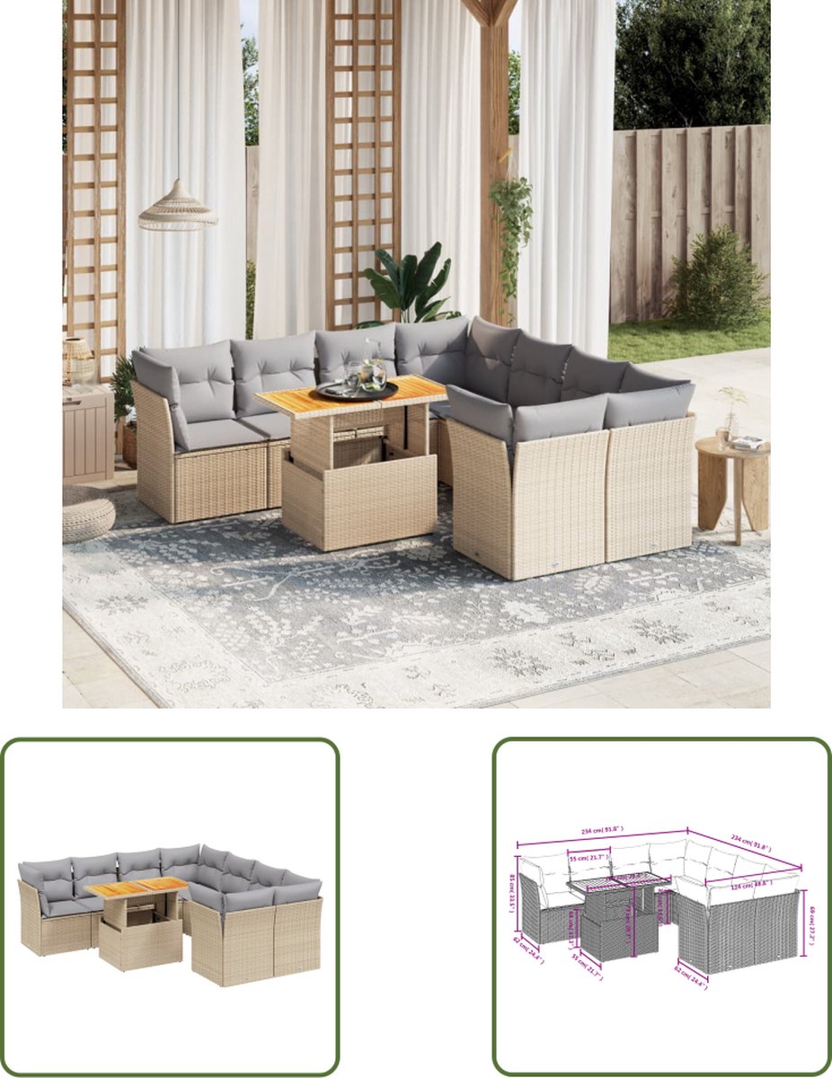 The Living Store 9-delige Loungeset met kussens poly rattan beige - Loungeset - Tuinset - Loungehoek - Buis Meubel - PE Rattan