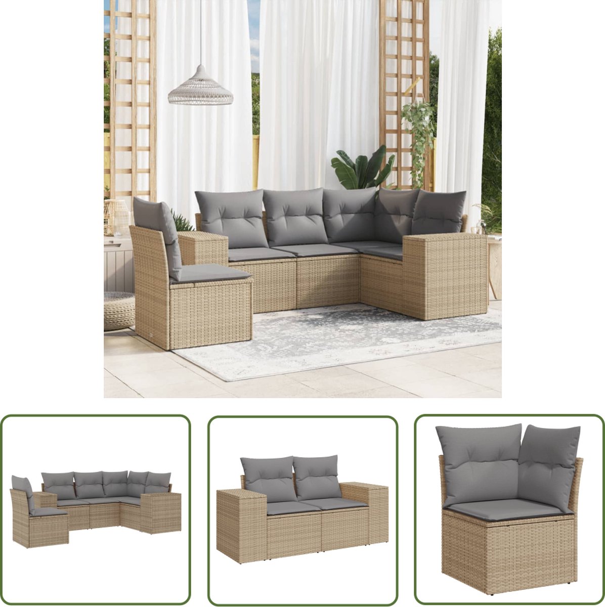 Poly rattan beige loungeset met kussens voor tuin en terras.
