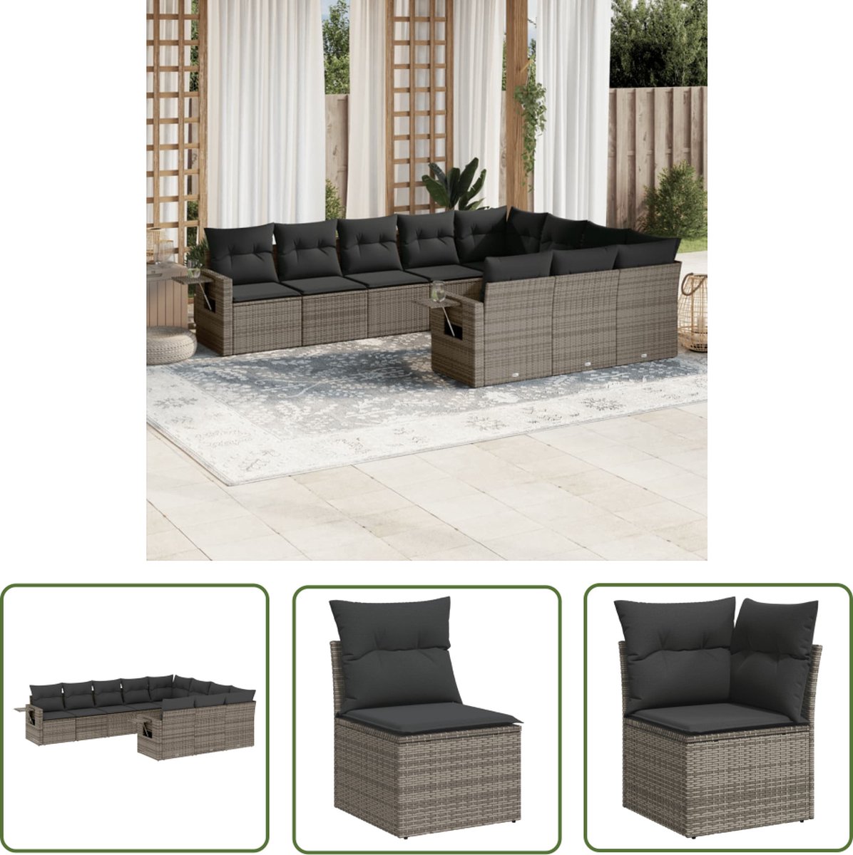 10-delige grijze poly rattan loungeset met kussens - The Living Store.