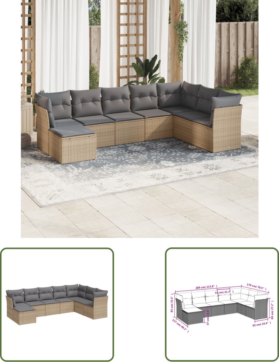 Loungeset van poly rattan in beige met kussens en loungebank.