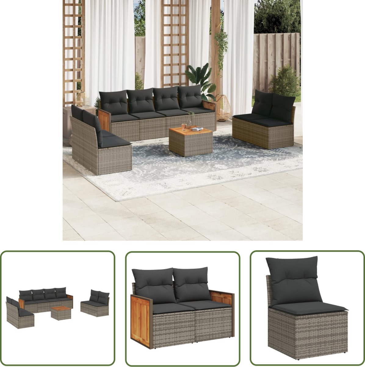 The Living Store 9-delige Loungeset met kussens poly rattan grijs - Loungeset - Lounge Set - Buitendecoratie - Tuinmeubels - Pe Rattan