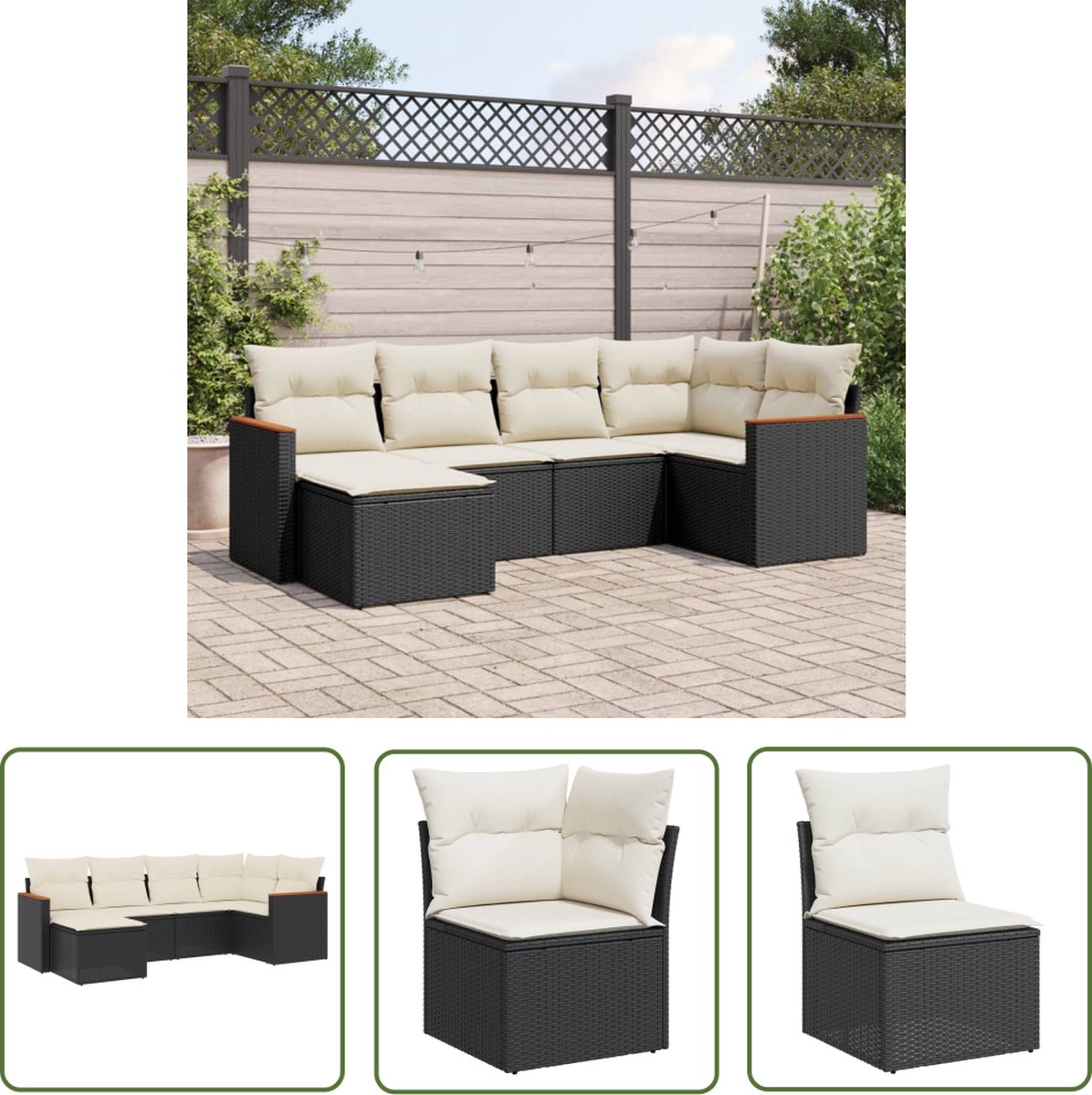 The Living Store 6-delige Loungeset met kussens poly rattan zwart - Loungeset - Tuinset - Lounge Set - Tuinmeubels - Buitendecoratie