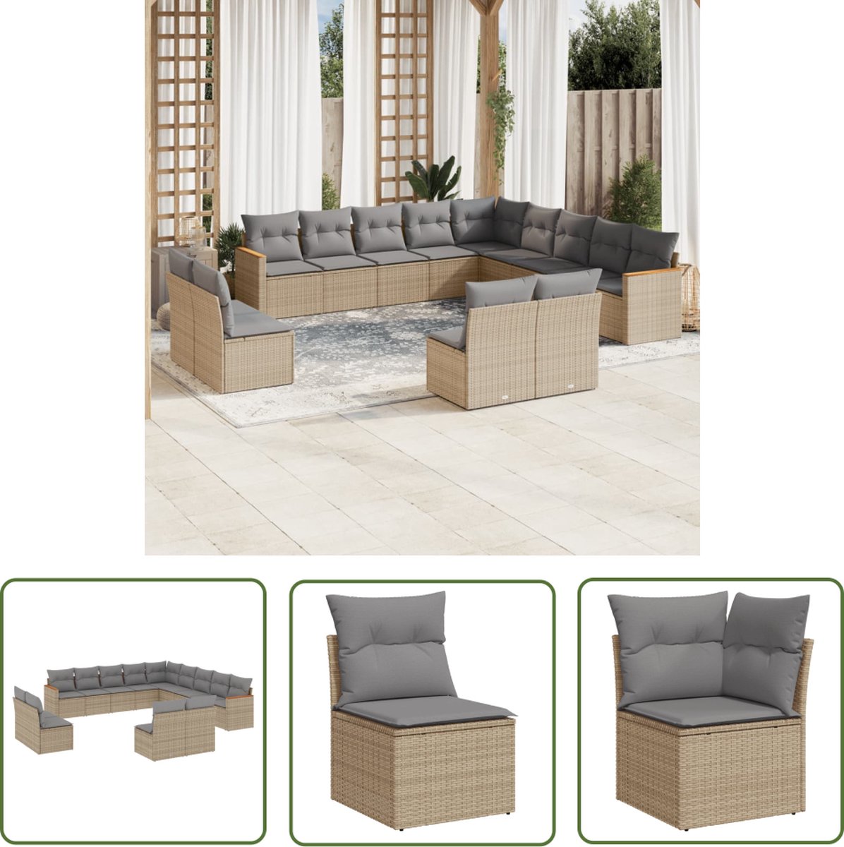 The Living Store 13-delige Loungeset met kussens poly rattan gemengd beige - Loungeset - Tuinset - Lounge - Outdoor Furniture - Garden Furniture