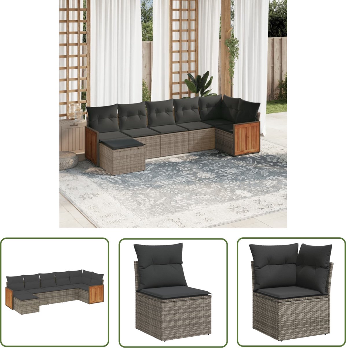 The Living Store 7-delige Loungeset met kussens poly rattan grijs - Loungebank - Tuinset - Buitendecoratie - Loungeset - Pe Rattan