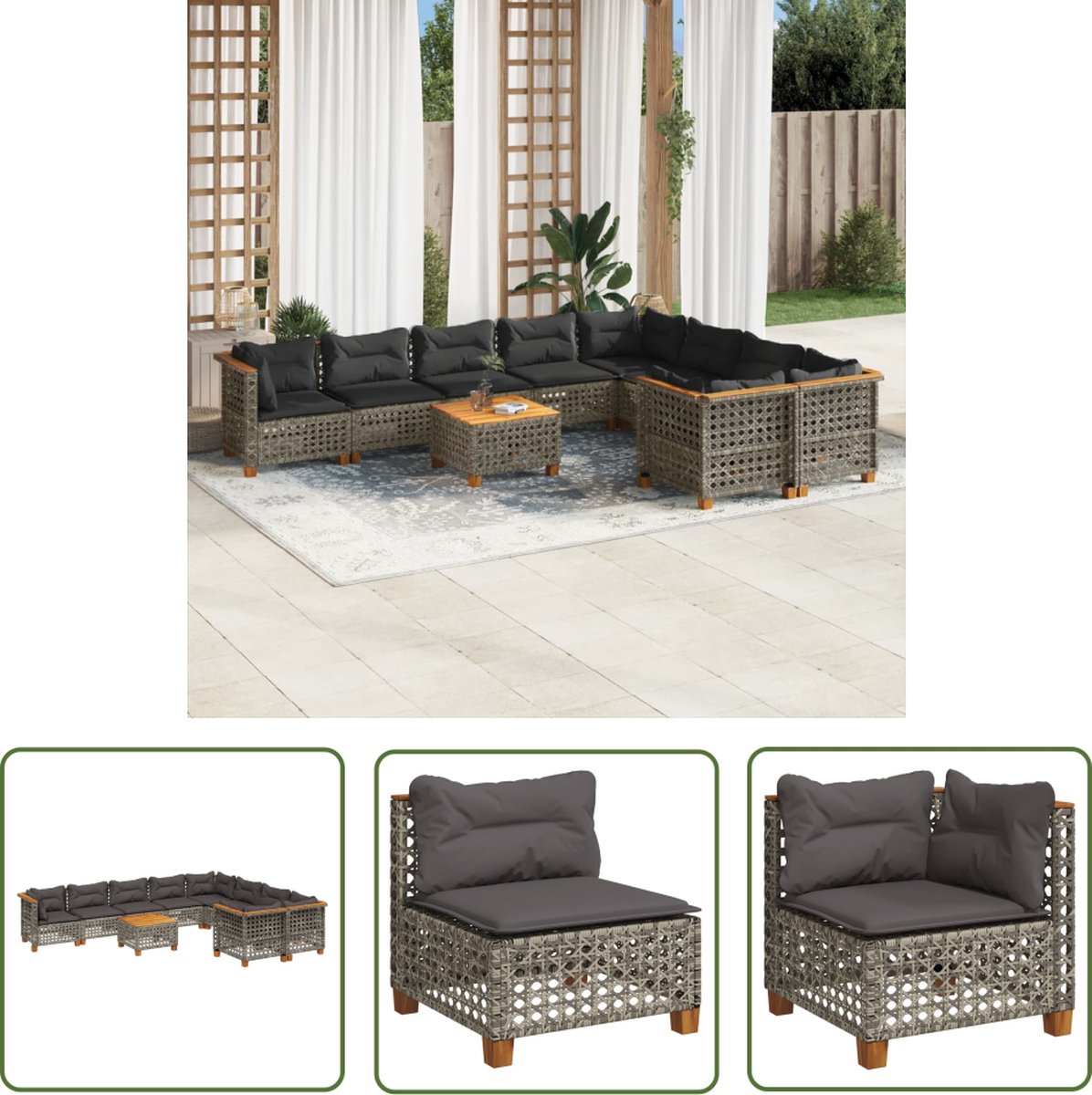 The Living Store 10-delige Loungeset met kussens poly rattan grijs - Loungeset - Lounge Set - Buitendecoratie - Tuinmeubels - Loungegroep