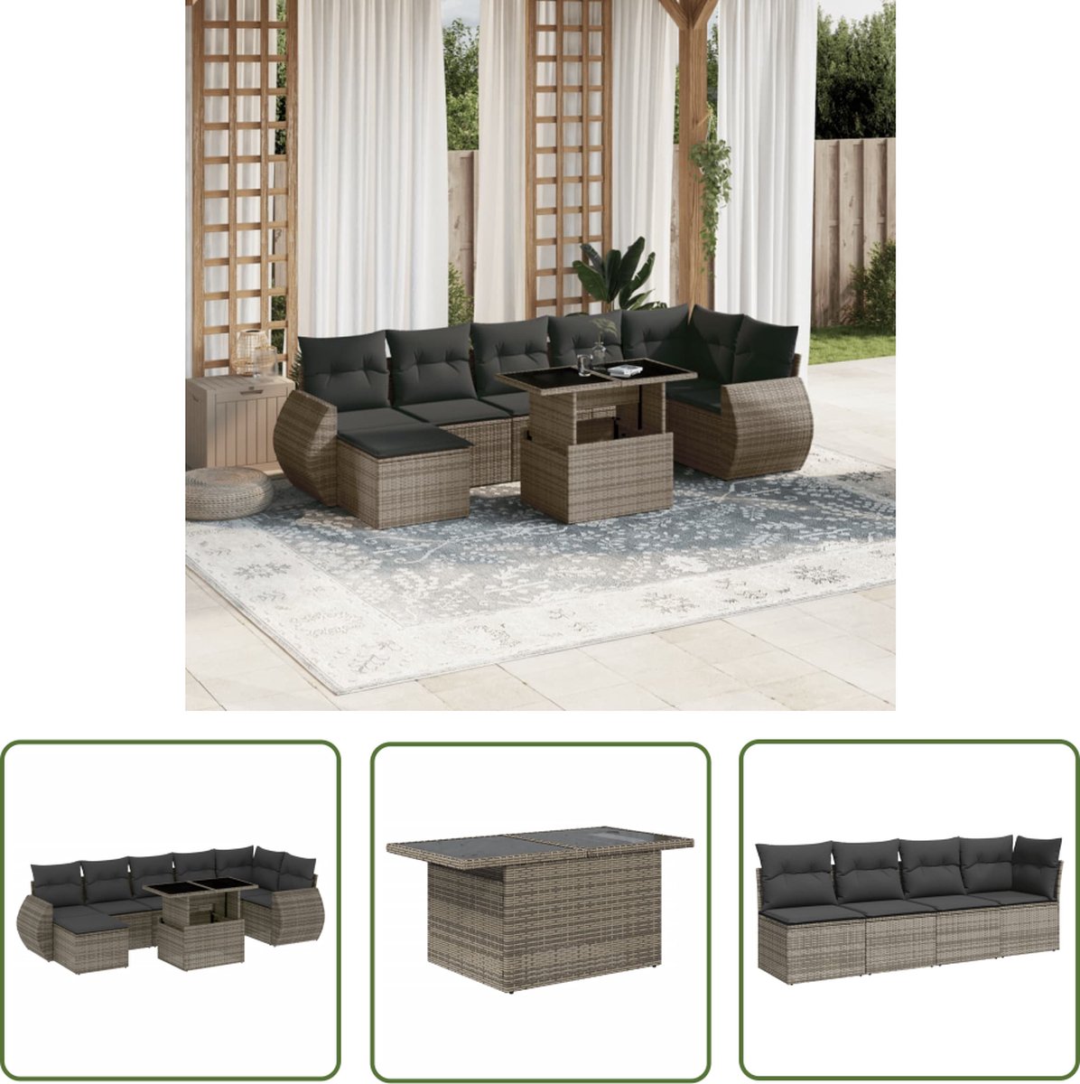 The Living Store 8-delige Loungeset met kussens poly rattan grijs - Loungeset - Tuinmeubels - Lounge Set - PE-rattan - Outdoor Furniture