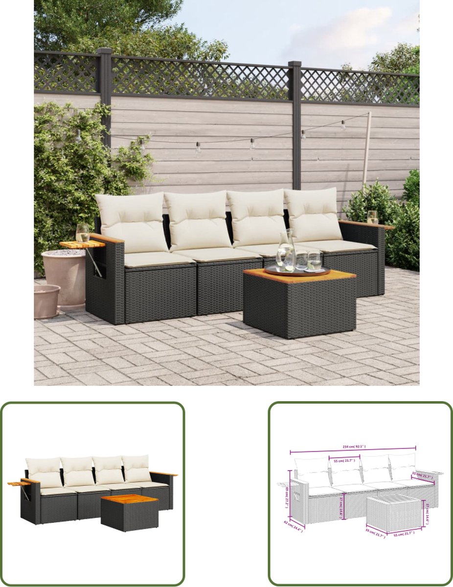 Zwarte poly rattan loungeset met kussens voor buiten - Tuinmeubels.