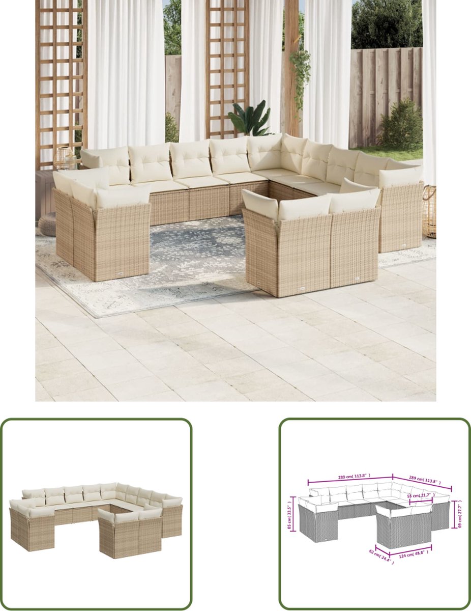 The Living Store 13-delige Loungeset met kussens poly rattan beige - Loungebank - Lounge Set - Tuinset - Tuinbank - Outdoor Furniture The Living Store 13-delige Loungeset met kussens poly rattan beige - Loungebank - Lounge Set - Tuinset - Tuinbank - Outdoor Furniture - Afbeelding 1