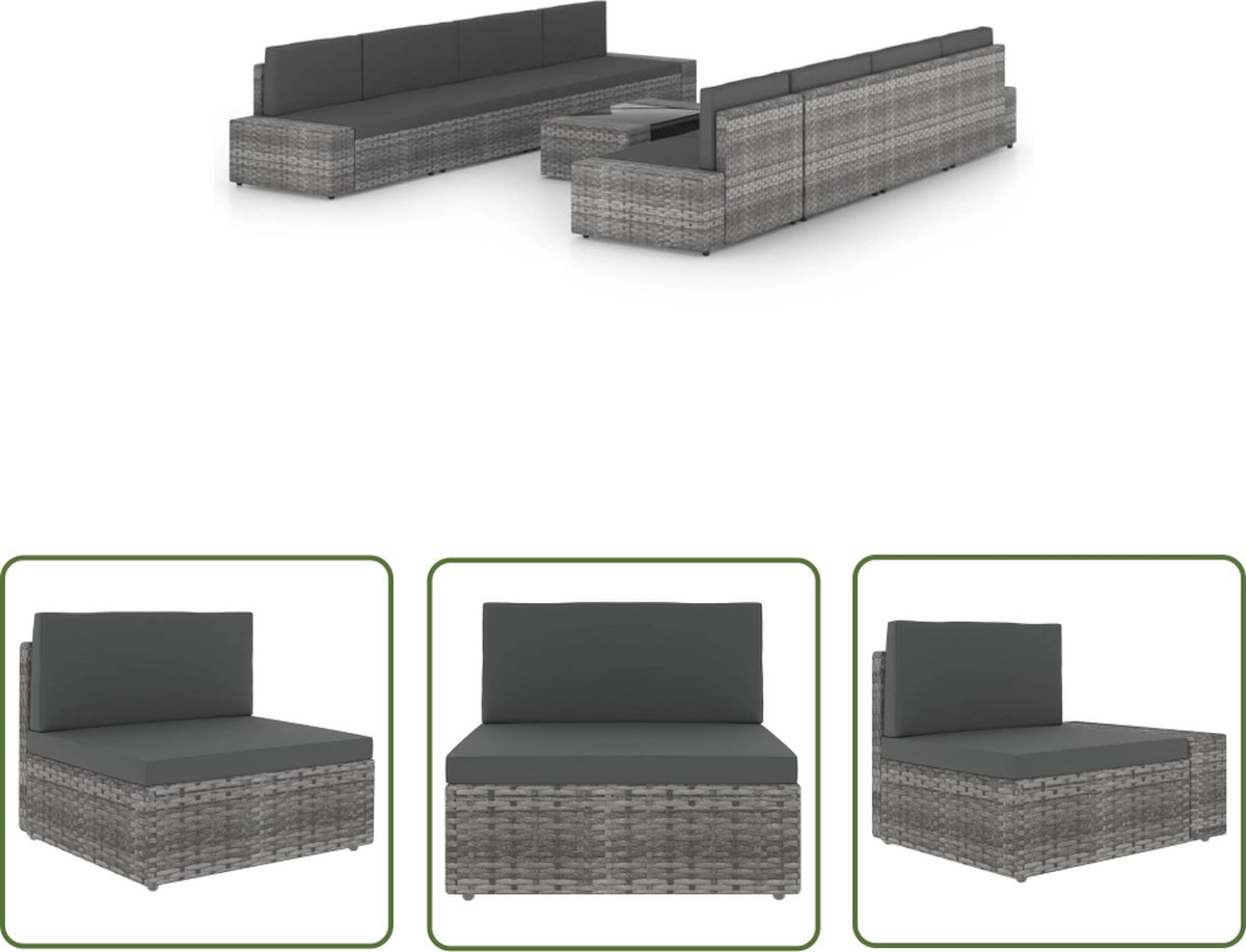 The Living Store 9-delige Loungeset met kussens poly rattan grijs - Tuinstoel - Lounge Set - Buitendecoratie - Patio Furniture - Garden Sofa Loungeset met grijze poly rattan kussens voor tuindecoratie.