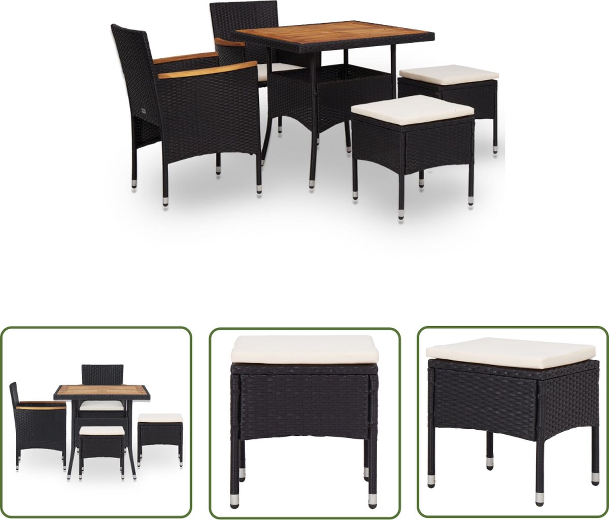 The Living Store 5-delige Tuinset poly rattan en acaciahout zwart - Tuinmeubels - Eetkamerset - Buitendiner - Lounge Set - Acacia Houten Meubilair