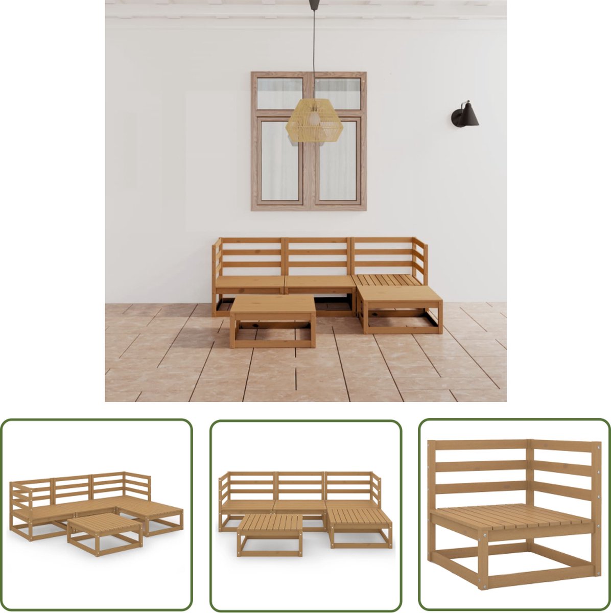The Living Store 5-delige Loungeset massief grenenhout honingbruin - Tuinmeubel - Lounge Set - Houten Bank - Buitenkamer - Patio Set
