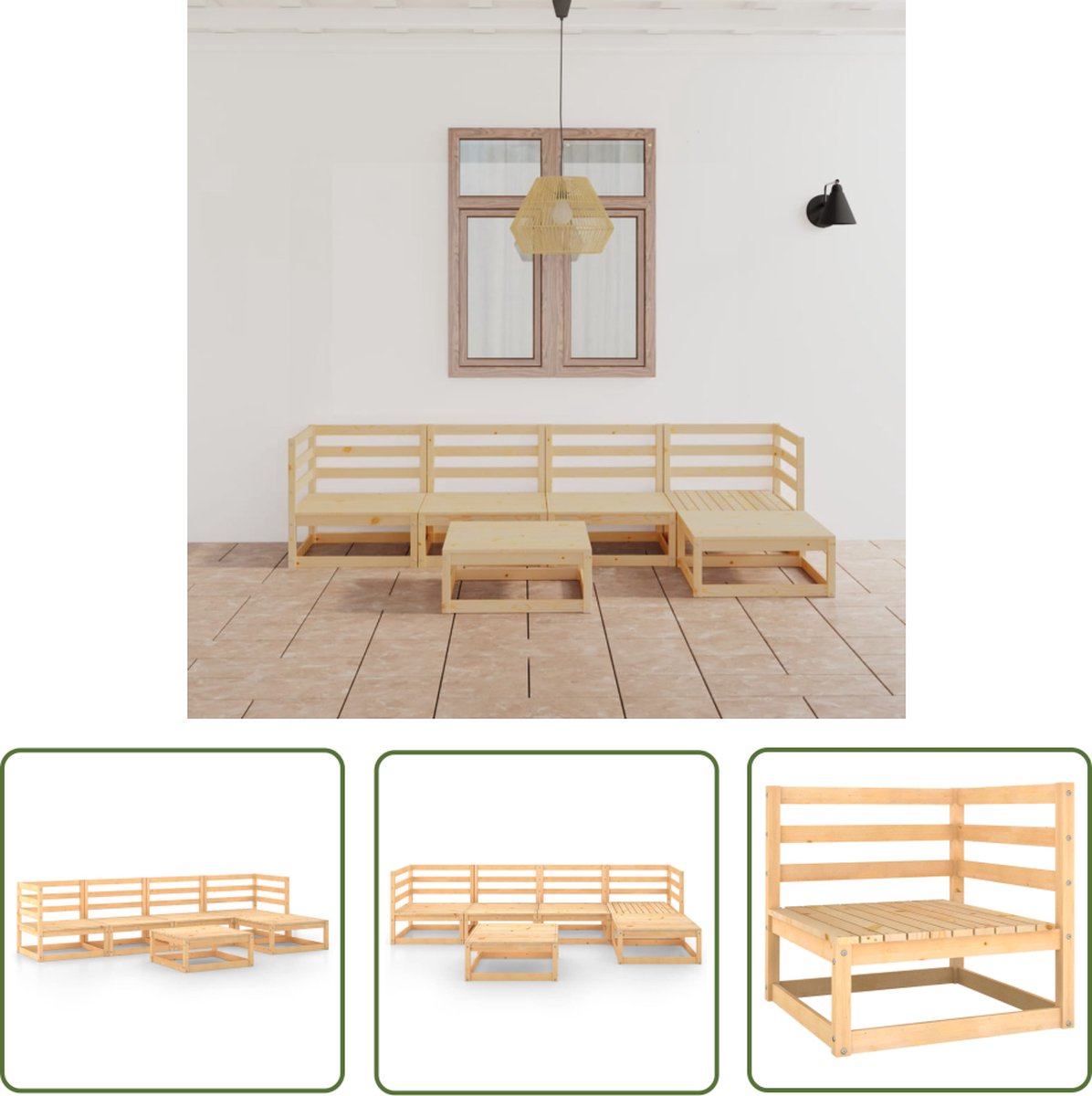 Massief grenenhouten loungeset van The Living Store in natuurlijke tuinsetting.