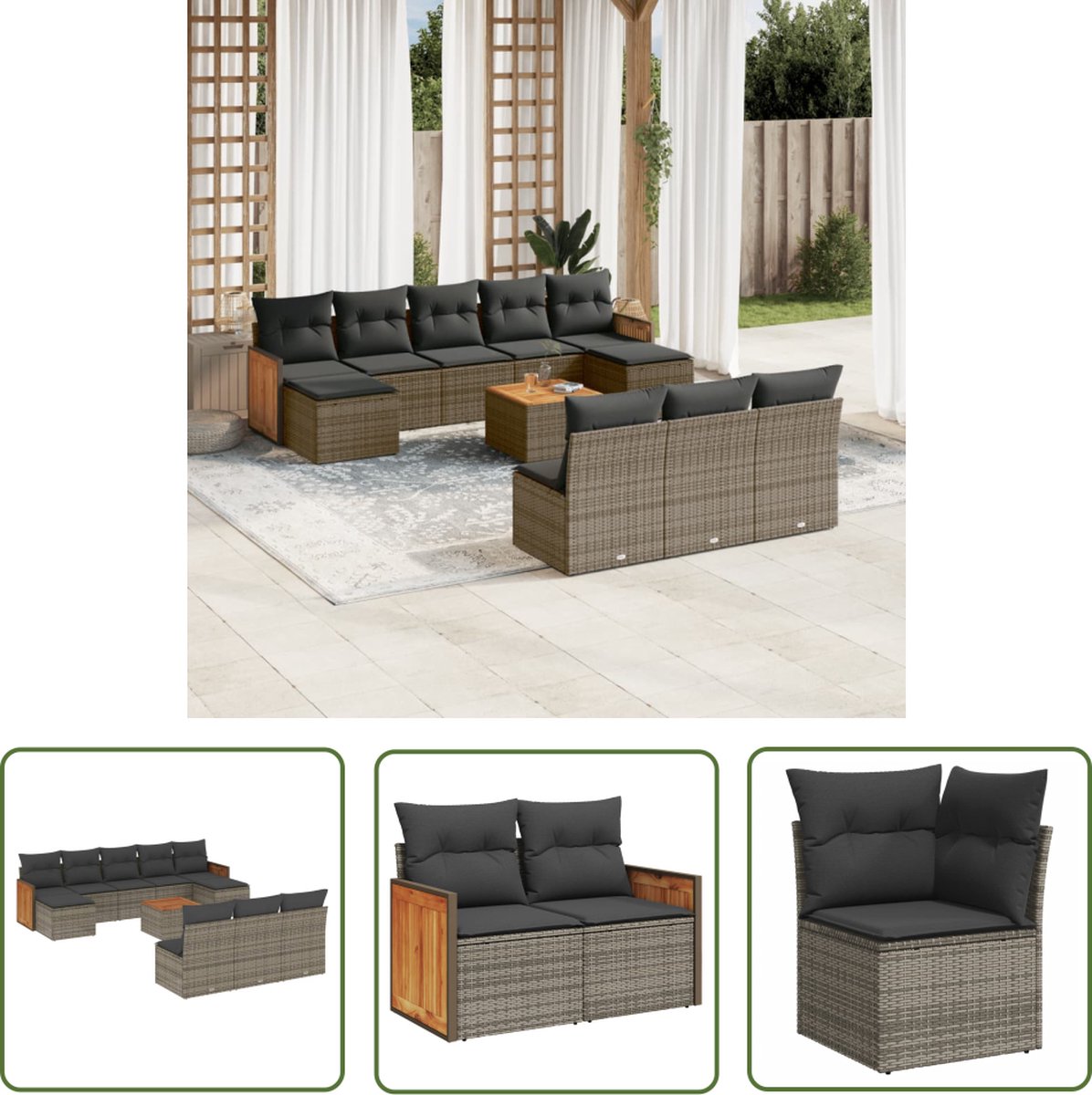 The Living Store 11-delige Loungeset met kussens poly rattan grijs - Loungeset - Lounge Set - Buitendecoratie - Tuinmeubels - Outdoor Furniture