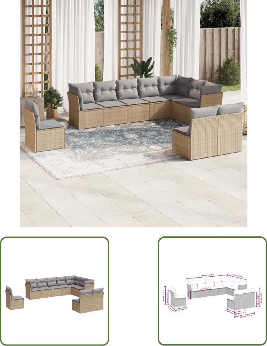 The Living Store 10-delige Loungeset met kussens poly rattan beige - Loungeset - Tuinset - Lounge Bank - Buitendecoratie - Garden Furniture