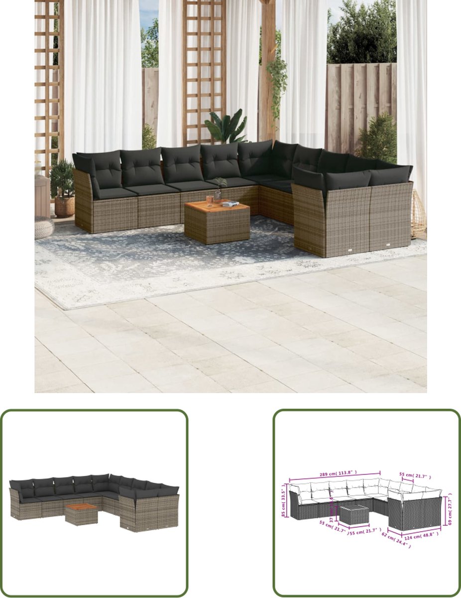 Grijze poly rattan loungeset met kussens voor buiten - The Living Store.