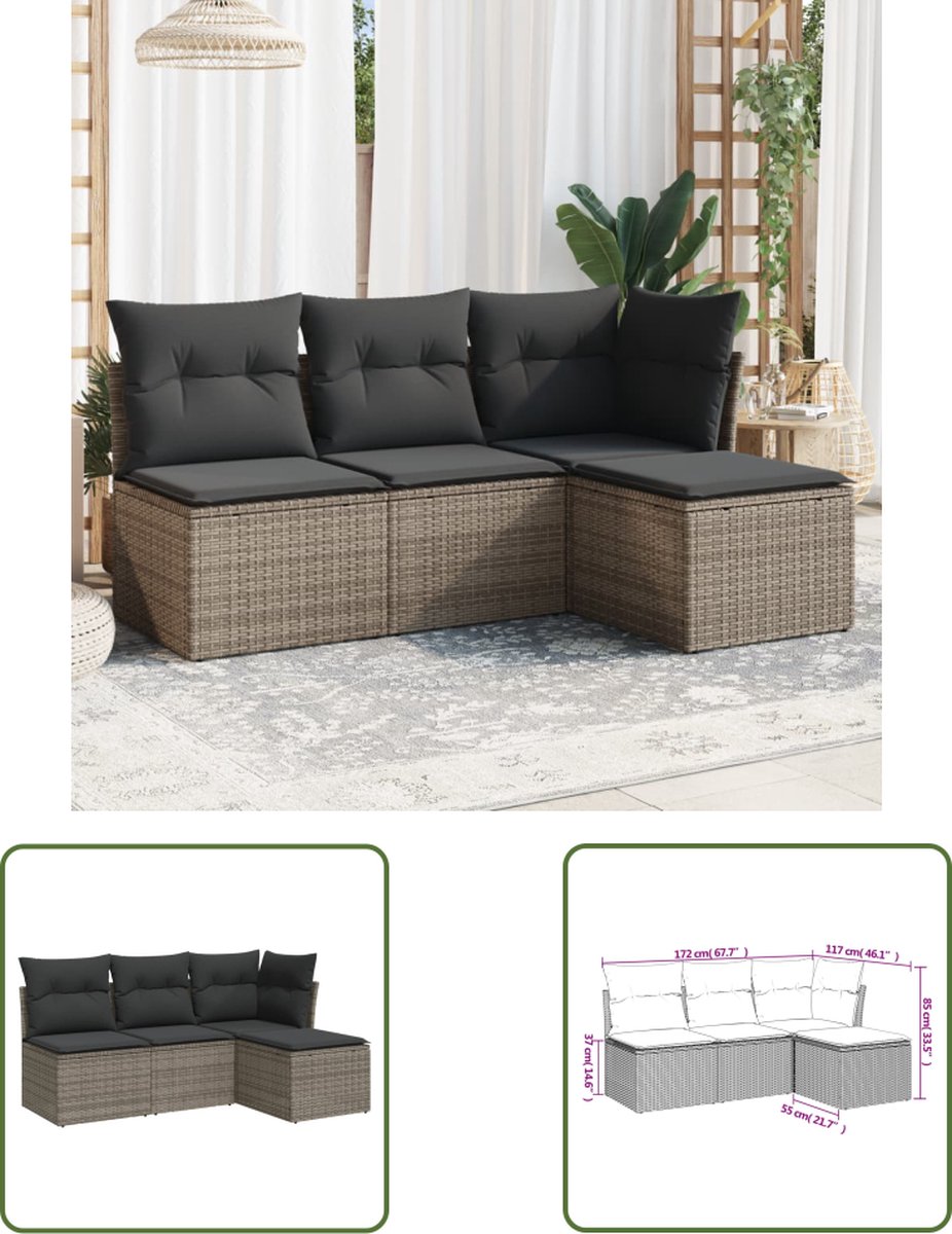 The Living Store 4-delige Loungeset met kussens poly rattan grijs - Lounge Set - Tuinmeubels - Loungehoek - Pe Rattan - Outdoor Furniture