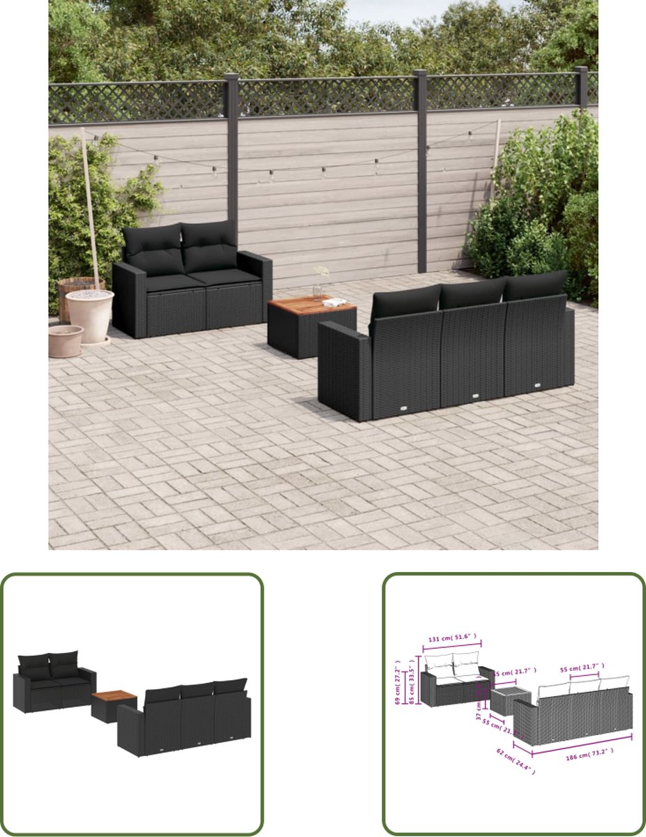 The Living Store 6-delige Loungeset met kussens poly rattan zwart - Loungeset - Loungemeubels - Buitendecoratie - Tuinmeubelen - Pe Rattan