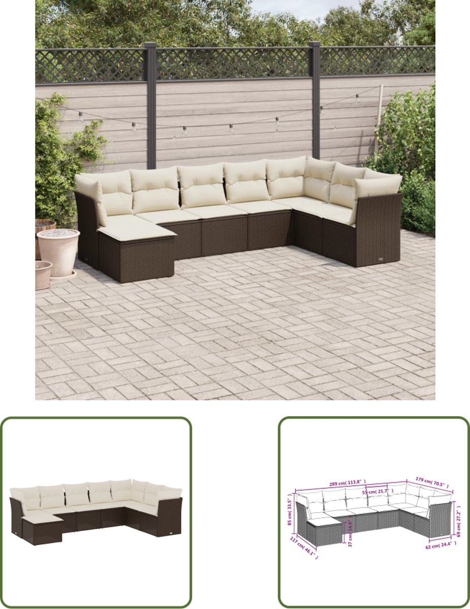 Bruine poly rattan loungeset met kussens voor buiten - The Living Store.