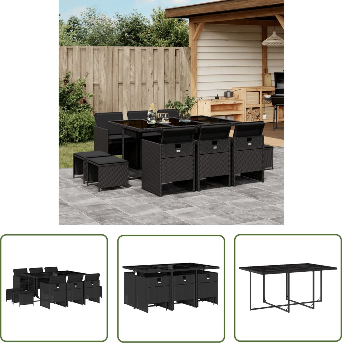 The Living Store 11-delige Tuinset met kussens poly rattan zwart - Tuinset - Buitentafel - Lounge Set - Eetkamerset - Patio Furniture