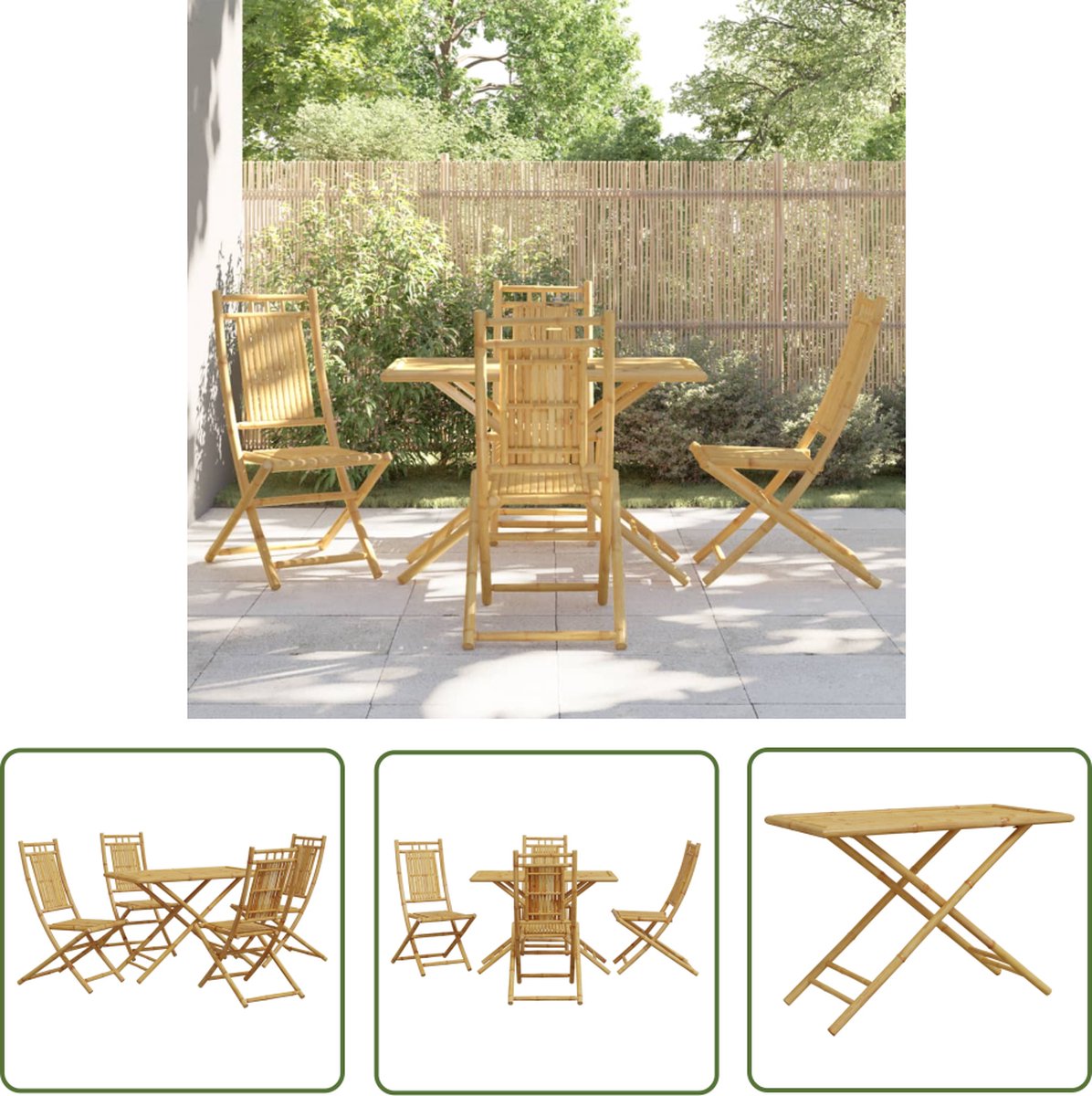 Bamboe tuinset met eetkamerstoelen en tafel op terras.