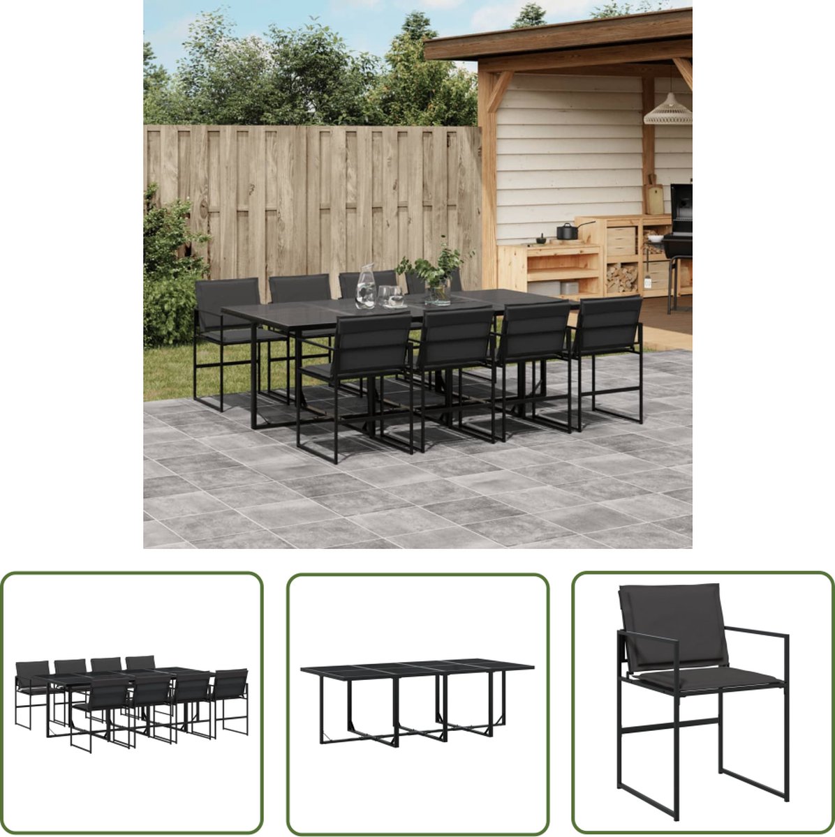 Zwarte 9-delige tuinset met kussens - Outdoor Living collectie.