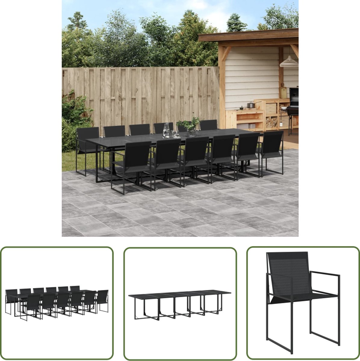 The Living Store 13-delige Tuinset textileen zwart - Tuinset - Eetkamerset - Tuintafel - Tuinstoelen - Zwarte Tuinmeubels