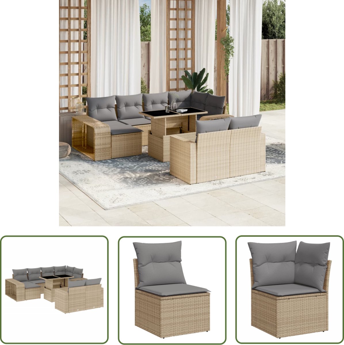 The Living Store 11-delige Tuinset met kussens poly rattan beige - Loungeset - Lounge Set - Buitendecoratie - Tuinmeubels - Tuinlounge