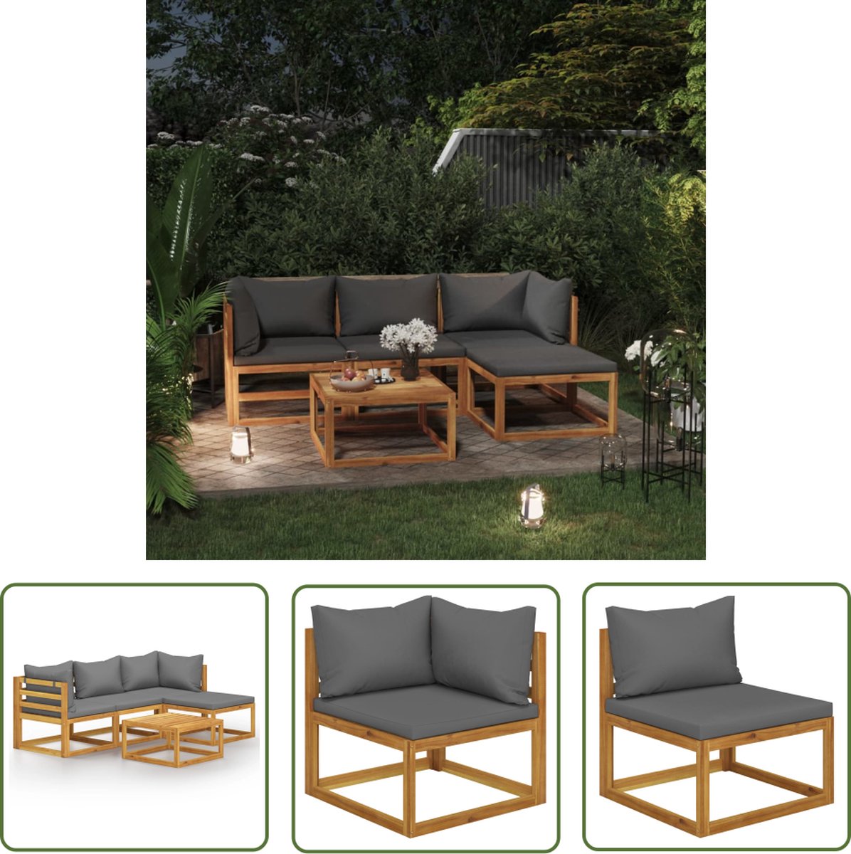 The Living Store 5-delige Loungeset met kussens massief acaciahout - Loungeset - Tuinset - Acacia Hout - Outdoor Furniture - Lounge Bank