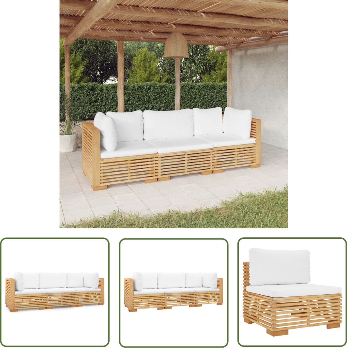 The Living Store 3-delige Loungeset met kussens massief teakhout - Loungeset - Teak Hout - Tuinset - Loungebank - Buitendecor