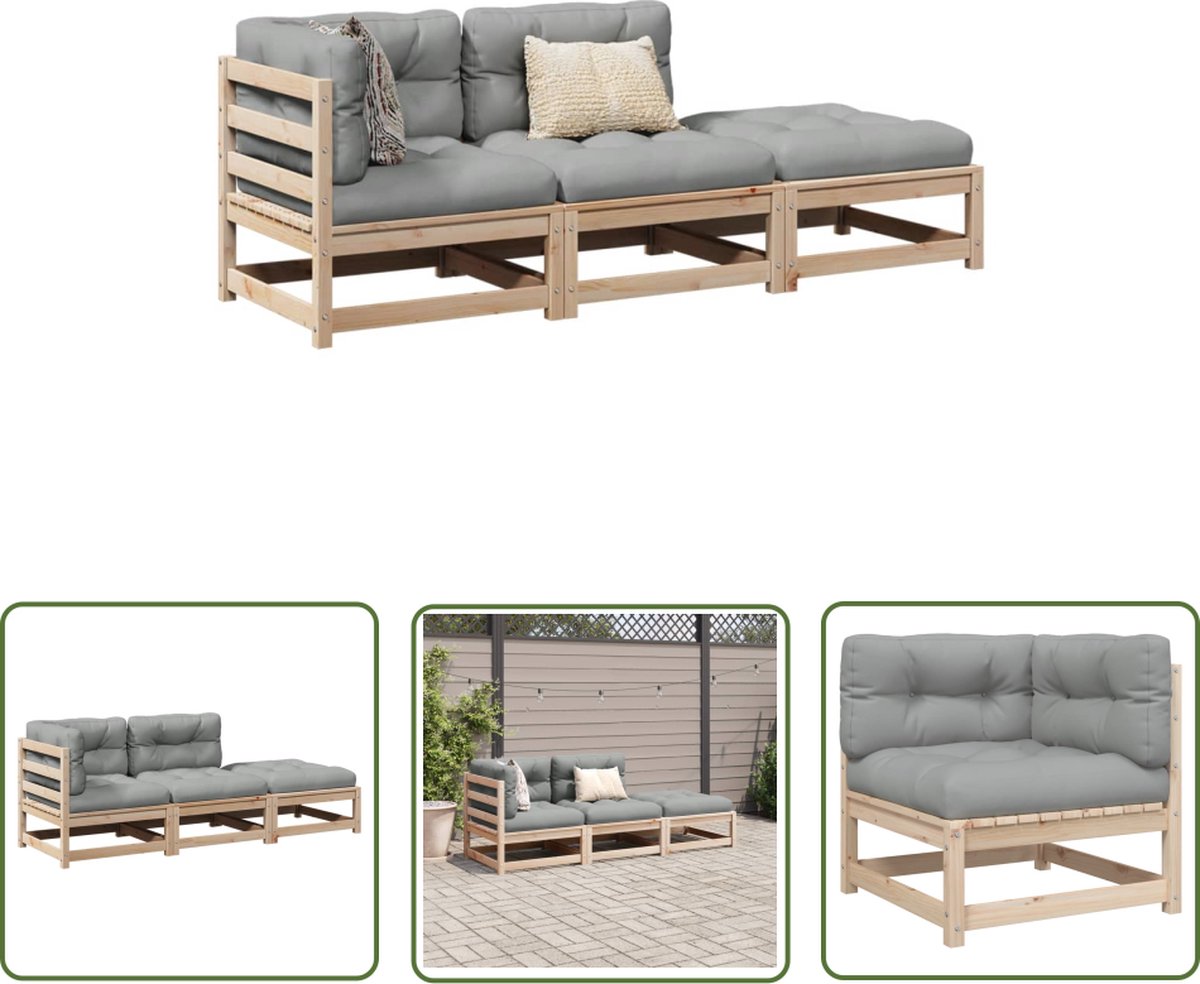 The Living Store 3-delige Loungeset met kussens massief grenenhout - Tuin Lounge Set - Loungebank - Buitentijd - Houten Bank - Grenenhouten Meubel