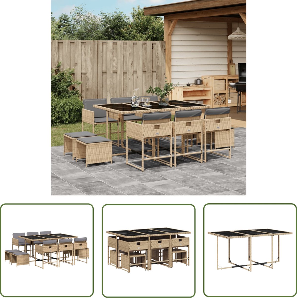 The Living Store 11-delige Tuinset met kussens poly rattan gemengd beige - Tuinmeubels - Buitenmeubilair - Lounge Set - Eetkamerset - Patio Set