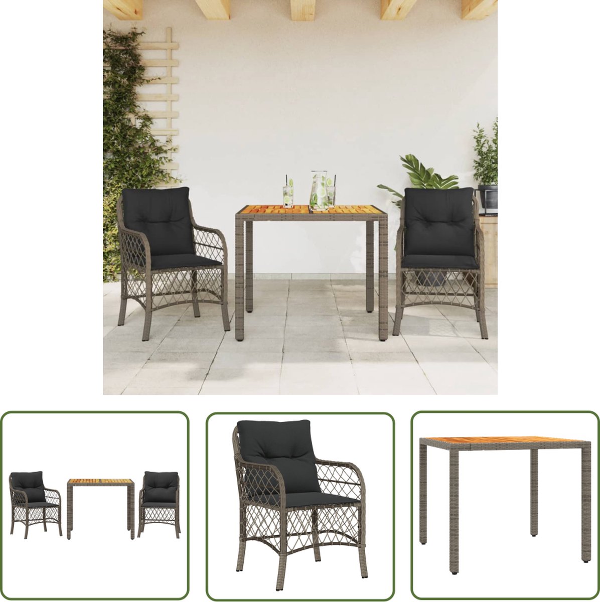 The Living Store 3-delige Bistroset met kussens poly rattan grijs - Bistroset - Buis Meubel - Tuinset - Lounge Set - Outdoor Furniture