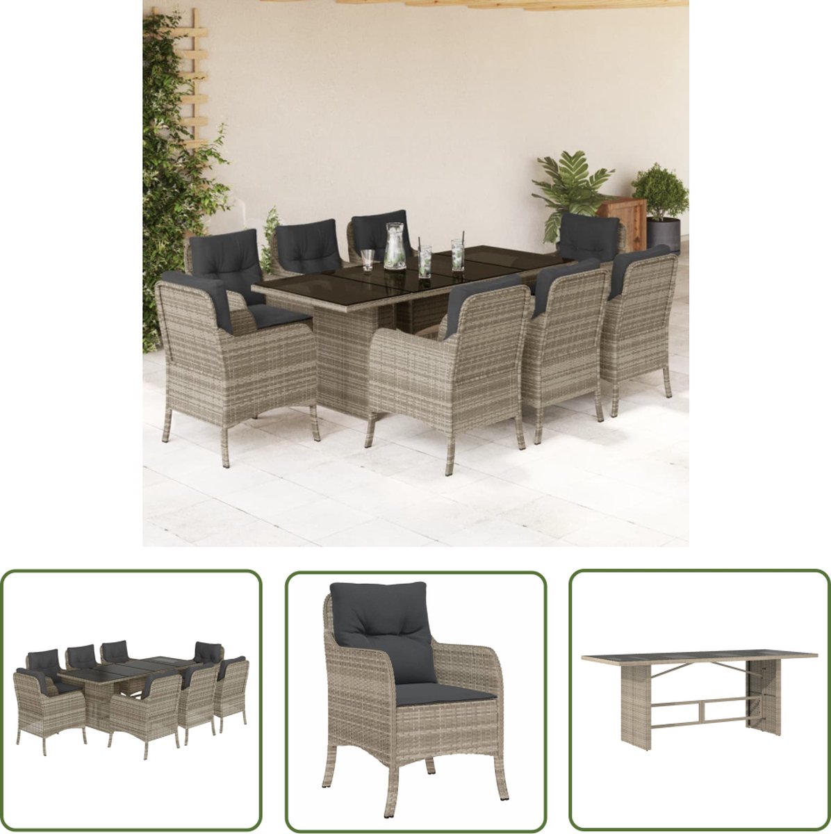 The Living Store 9-delige Tuinset met kussens poly rattan lichtgrijs - Tuinset - Eetkamerset - Buitendecoratie - Lounge Set - Patio Furniture