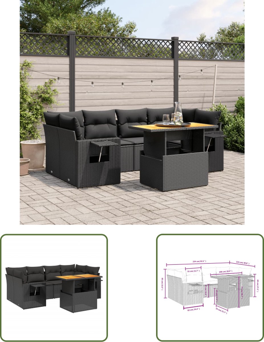 The Living Store 7-delige Loungeset met kussens poly rattan zwart - Loungeset - Tuinset - Lounge Set - PE-rattan - Outdoor Furniture