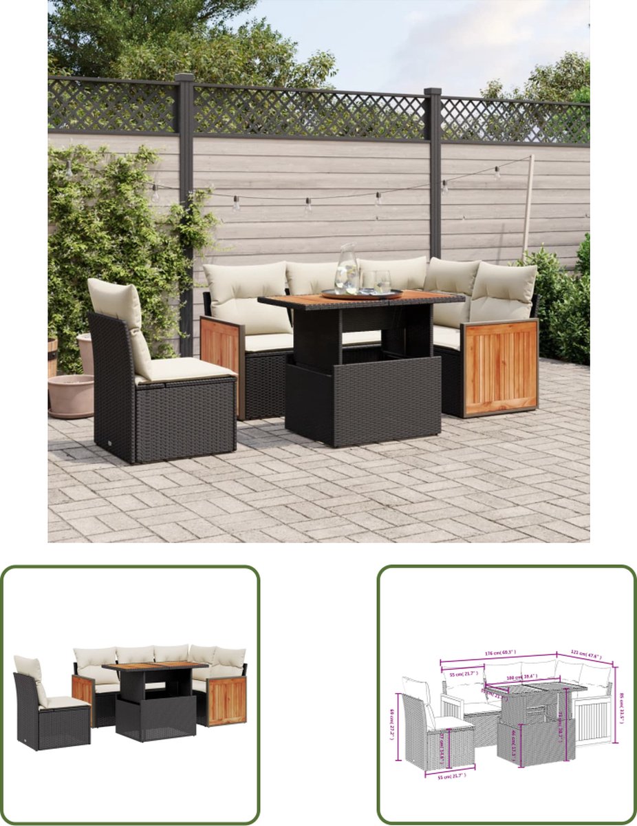 Zwarte poly rattan loungeset met kussens voor buiten - Tuinmeubilair.