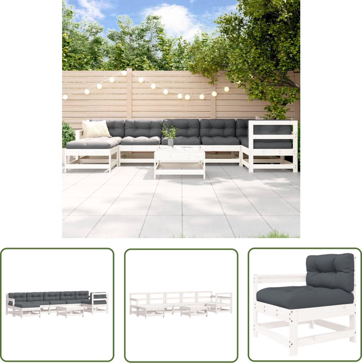 The Living Store 8-delige Loungeset met kussens massief hout wit - Loungeset - Tuinset - Tuinmeubilair - Lounge Stoel - Bankje