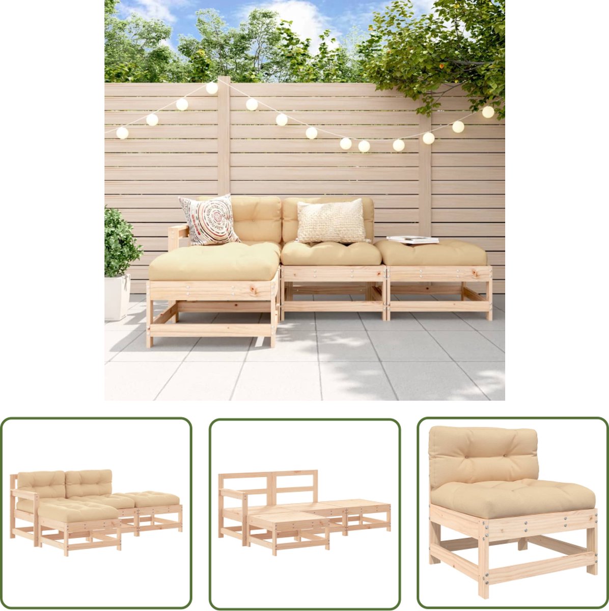 4-delige loungeset met kussens van massief grenenhout in tuinsetting.