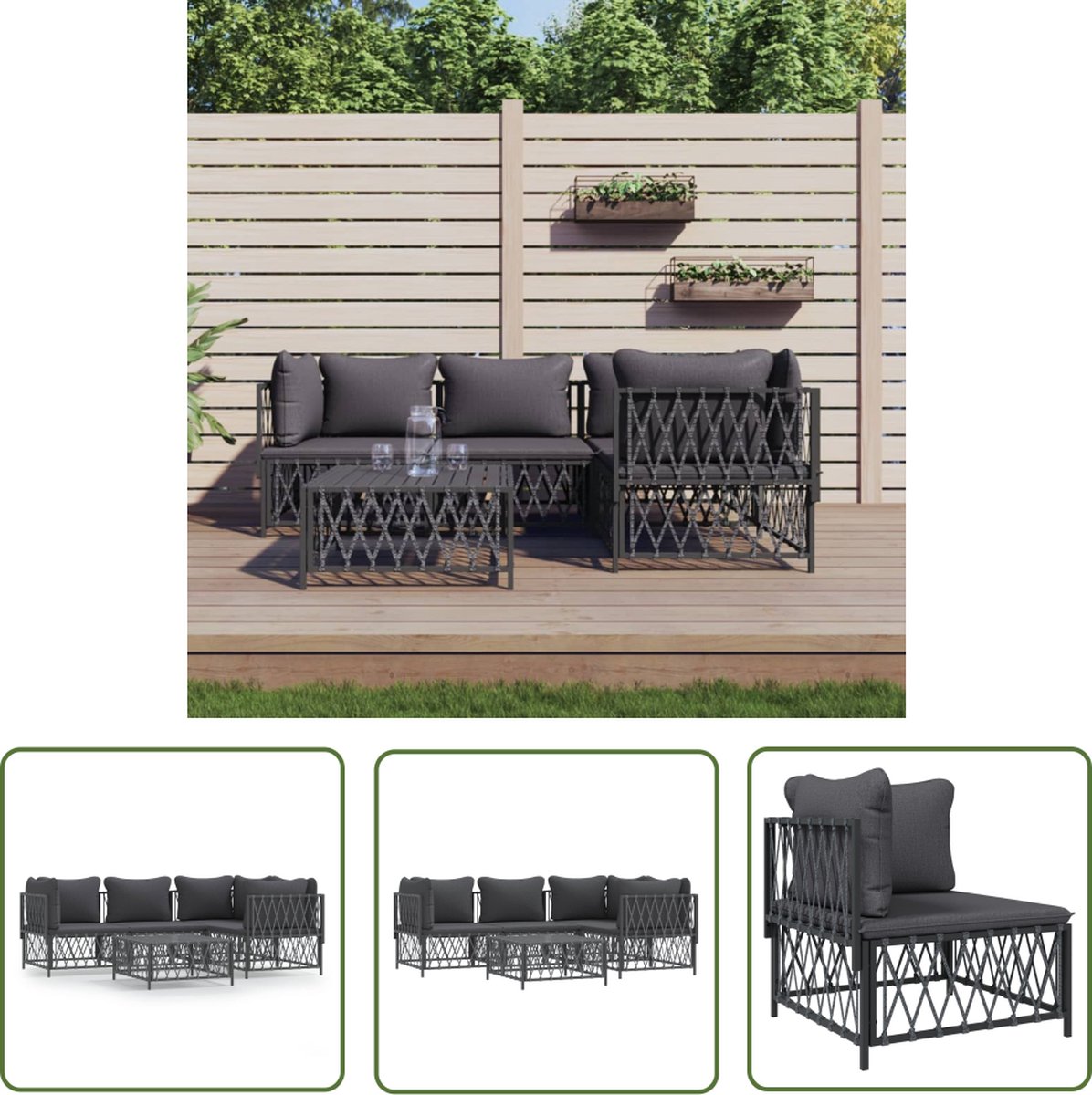 The Living Store 5-delige Loungeset met kussens staal antracietkleurig - Loungeset - Tuinset - Lounge Bank - Tuinbank - Outdoor Furniture