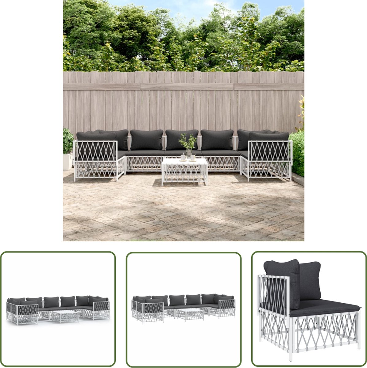 The Living Store 8-delige Loungeset met kussens staal wit - Loungeset - Tuinset - Tuinbanken - Hoekbank - Lounge Set
